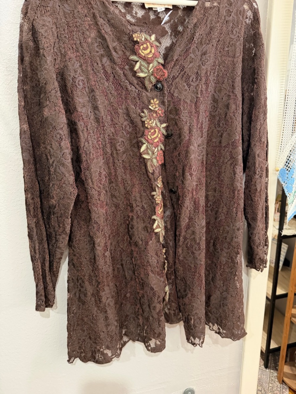 Brown Lace Floral-Trim Button Cardigan